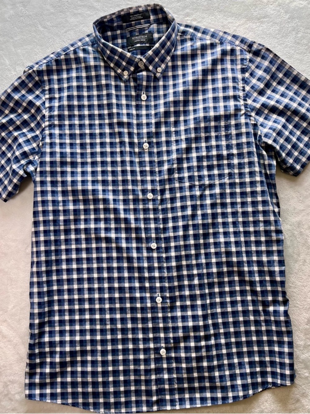 Nordstrom Mens Trim Fit Blue and White Short-Sleeve Button-Down Shirt L